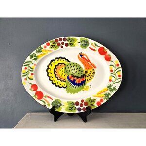 Vintage Enamelware Turkey Platter Colorful Vegetables and Turkey Pattern